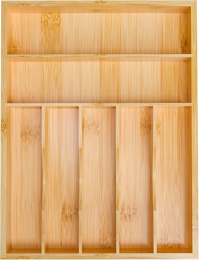 Flatware Organizer Silverware Drawer Organizer - 7 Slots Bamboo Cutlery Tray Multipurpose kitchen Drawer Organizer for Silverware, Utensils, Cutlery, Flatware, Knives W13”x L17” (Yellow)