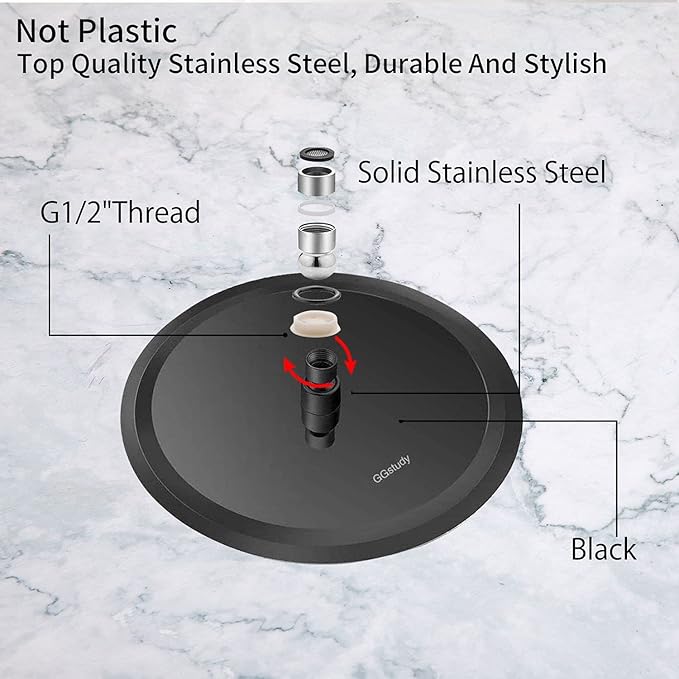 Black Shower Head GGStudy 6 inch Round Rain Shower Heads Stainless Steel High Pressure Ultra Thin Rainfall Bath Shower Self-cleaning Silicone Nozzle