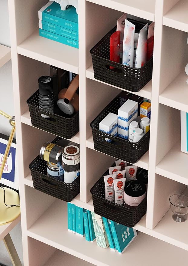 WYT 12-Pack Plastic Small Shelf Storage Weave Baskets for Organizing, Black