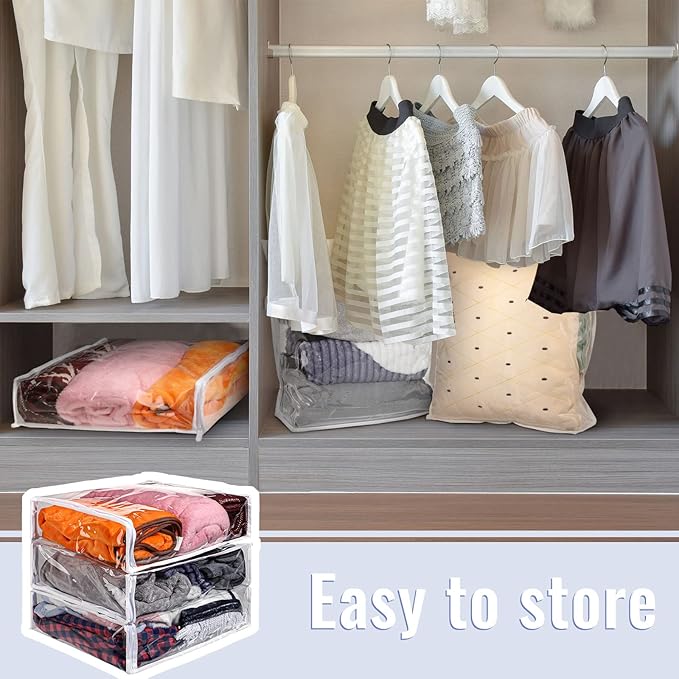6 Packs Clear Zippered Storage Bags Sweater Moth Bags Plastic Storage for Blankets Clothes Bed Sheet Organizer with Zipper for Closet Linen Sweater