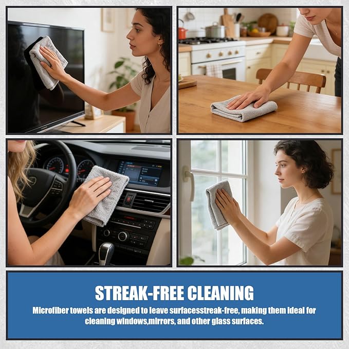 Reusable Microfiber Cleaning Cloths, Gray, 11x11 Inches, Lint Free, Highly Absorbent, Multifunction, 30 Pack