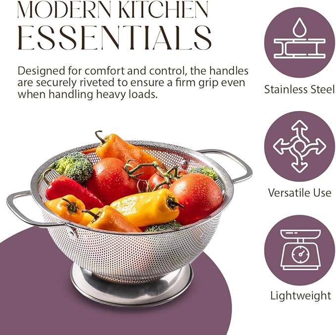 Bellemain Colander for Kitchen – 5 Qt Stainless Steel Strainer with Handle - 18/8 Pasta Strainer Bowl for Pasta, Spaghetti, Vegetables, Fruit