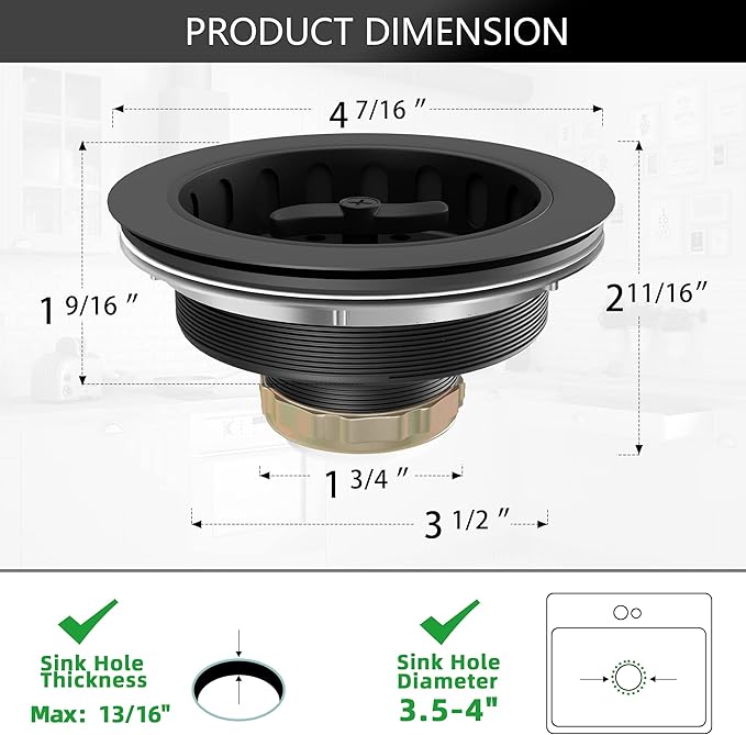 Black Sink Drain Kit - 3.5" Stainless Basket & Stopper for Kitchen Sink
