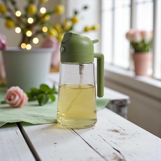 Oil Dispenser, 2 In 1 Cooking Oil Sprayer and Pourer, Non-Drip Spout for Kitchen Oil, Air Fryer, Salad, Grill, 16oz/470ml with clearning brush (Green Cap, Clear Bottle)