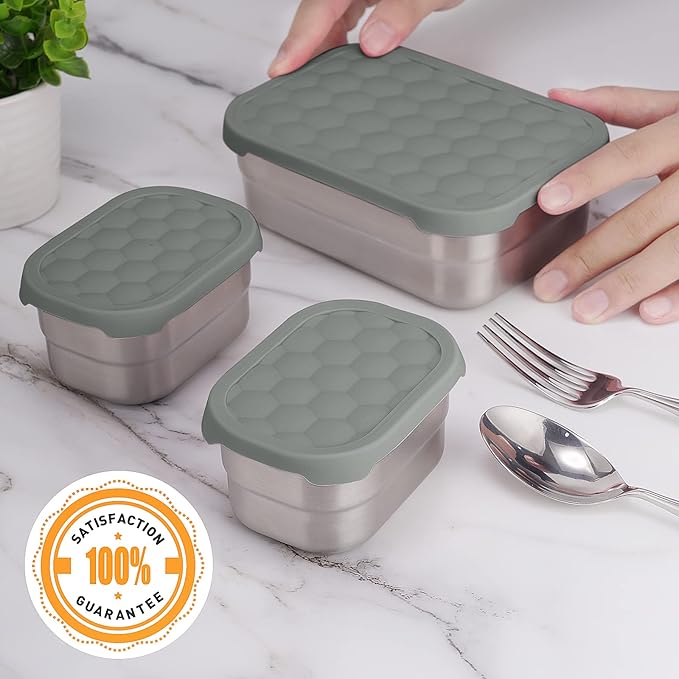 Tanjiae 3 CUP+1 CUP Stainless Steel Lunch Snack Containers Set | Leak Proof 304 Stainless Steel Food Containers with Silicone Lids - Perfect Metal Lunch Box for School and Daycare (25oz+8oz*2)