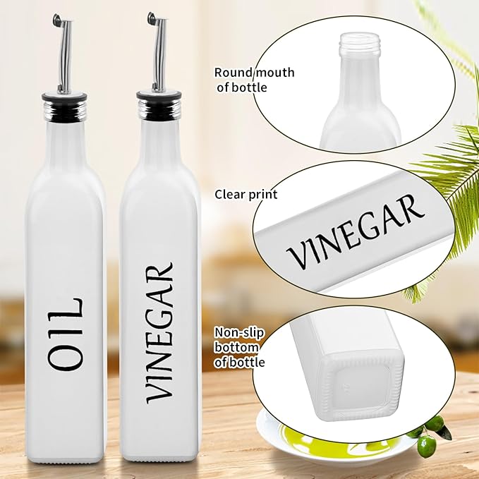 Olive Oil Dispenser Bottle,2 Pcs 17oz 500ml Glass O il and Vinegar Dispenser Set with 2 Stainless Steel Pourers, 8 Labels,Funnel Vinegar Bottles for Kitchen (White)