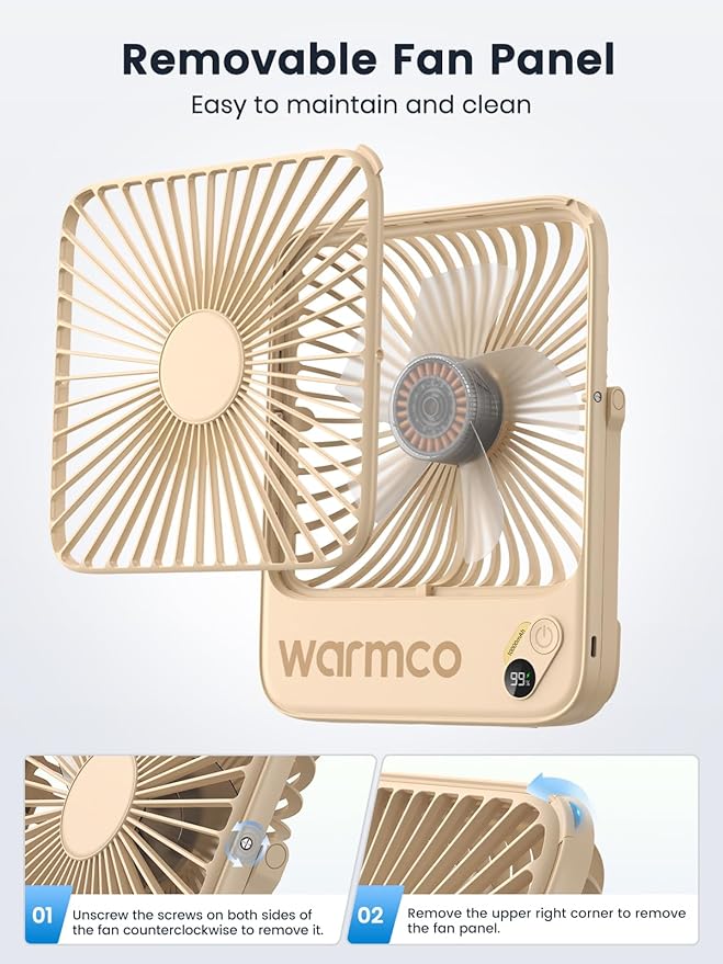 Warmco 10000mAh Portable Travel Fan 7-inch, Max 24H Runtime, Ultra-thin Quiet Rechargeable Battery Operated Desk Fan with Digital Display for Camping, Office, Bedroom, Cruise Essentials