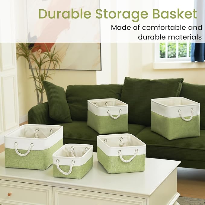 Storage Baskets for Shelves 13.8x9.8x6.7 Inch, Foldable Fabric Storage Bins with Handles, Small Storage Baskets for Organizing Closet, Office, Home Organization (1-Pack, White&Green)