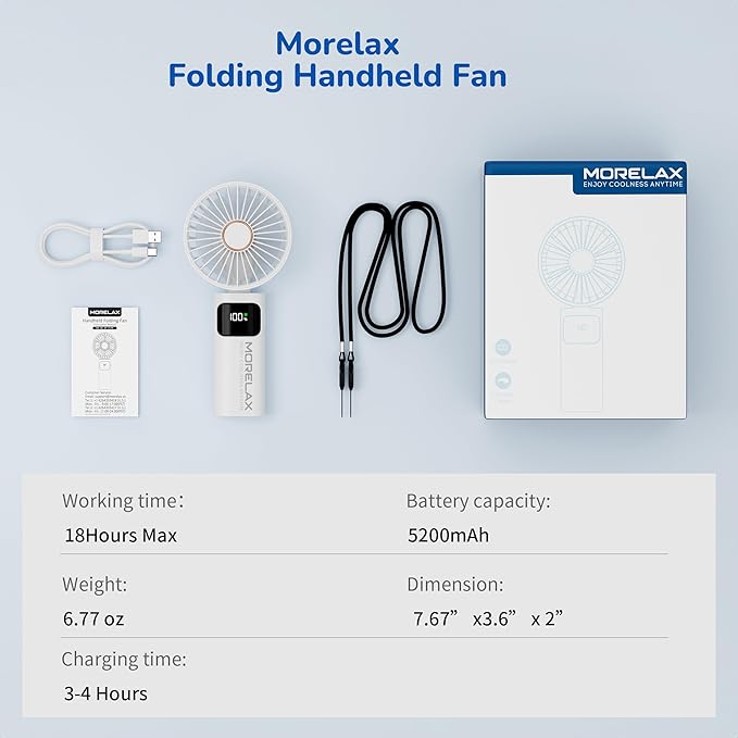Portable Handheld Fan, USB Rechargeable Foldable Mini Personal Fan, 5200mAh, 180 Adjustable, 6 Speed Wind, 3 IN 1 Hand Cooling Desk Fan with LED Display for Home Office School Outdoor Travel, White