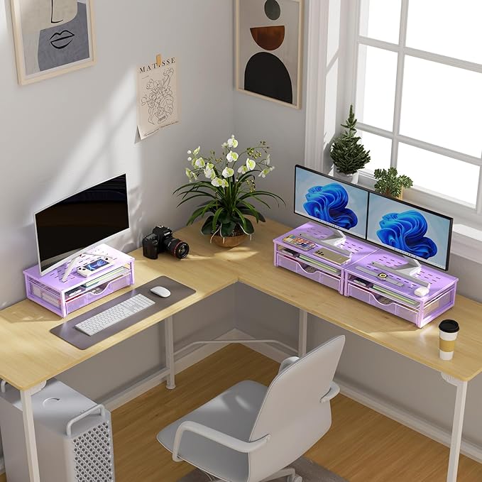 Computer Monitor Stand Riser, Office organizer with Drawer, Purple