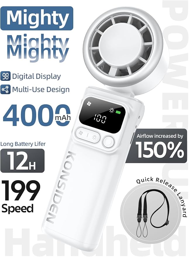 Portable Handheld Turbo Fan, 199 Stepless Speeds, 4000mAh USB Rechargeable, 12H Runtime, 2H Fast Charging, Smart Display, Emergency Flashlight, Personal Cooling Fan for Travel, Gym, Camping, Outdoors