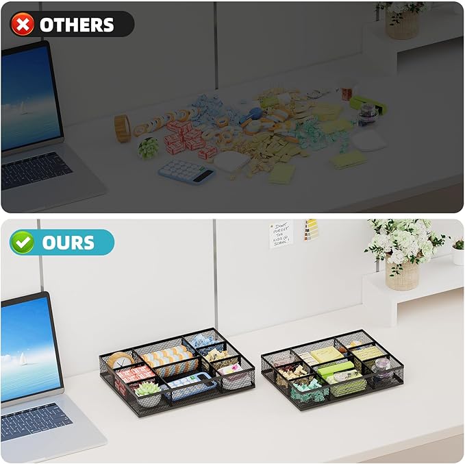 Marbrasse 2 Pack Desk Drawer Organizer, Mesh Drawer Organizer Tray with 8 Adjustable Compartments, Desk Organizers and Accessories, 5 Dividers Drawer for Office Supplies, Makeup & Vanity (Black)