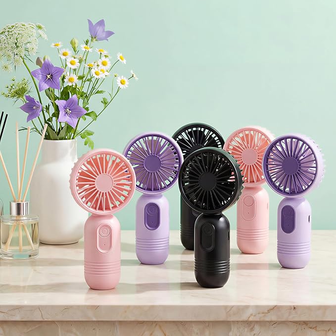 Rossesay 6 Pcs Mini Portable Fan Bulk Cute Handheld Lightweight Small Little Personal Hand Eyelash Fan 3 Speeds USB Rechargeable for Women Men Indoor Outdoor Makeup Travel (Black,Pink,Purple)