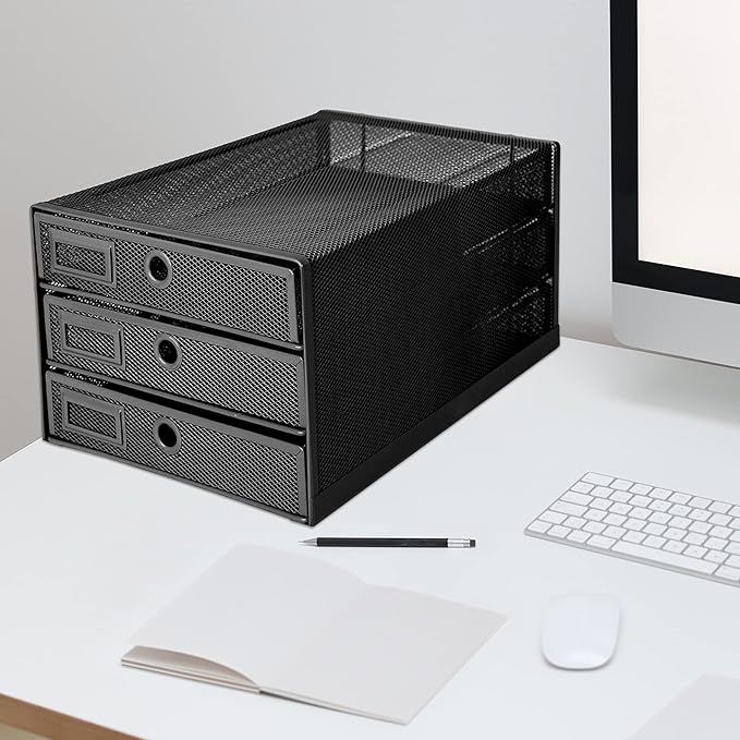 Annova Desk Organizer Wire Mesh 3 Tier Sliding Drawers Paper, Black