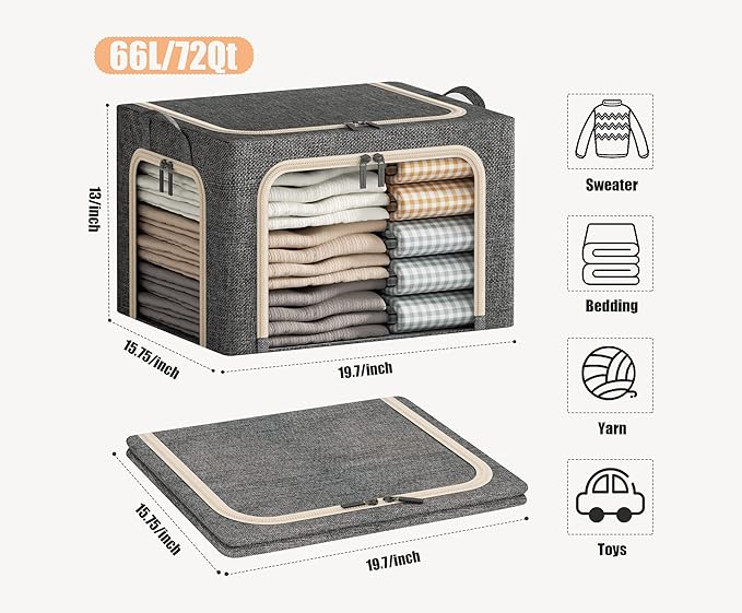3 Opeings Large Clothes Storage Bins with Metal Frame, 3 Pcs,Dark Grey,66L