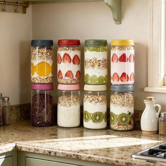 24 OZ Overnight Oats Jars with Lids 4 Pack, Glass Meal Prep Containers, Reusable Food Storage Jars, Airtight Mason Jars for Breakfast, Yogurt Parfait