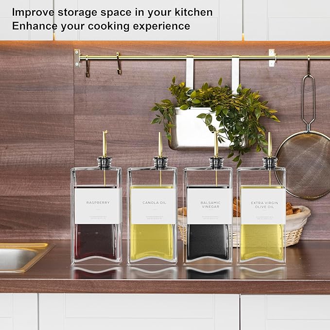 Olive Oil Dispenser for Kitchen, 16.9 oz/ 500 ml Olive Oil Dispenser Bottle, Glass Oil Bottles for Kitchen with 8 Stainless Steel Pourers, 40 Labels, 4 Pcs, Gold