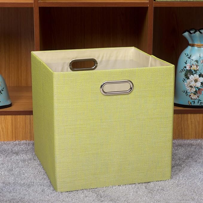 Posprica Foldable Storage Bins,13×13×13 Storage Cubes Boxes Baskets Containers for Shelf Bookcase ,Thick Fabric Drawers - Set of 4, Yellow/Beige mixed