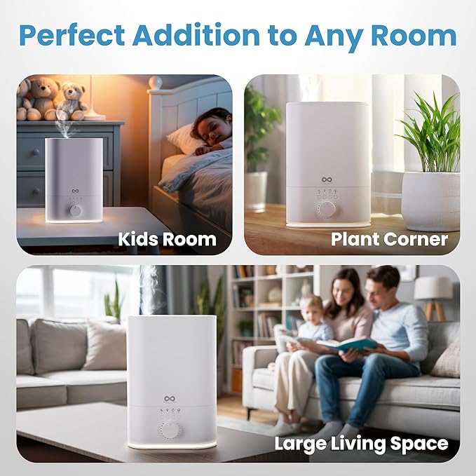 Everlasting Comfort 6L Top Fill Humidifier for Bedroom – Quiet, Easy to Fill & Clean, 60HR Runtime, Night Light, Timer, Ultrasonic Cool Mist, Auto Shut-Off, Essential Oil Compatible - White