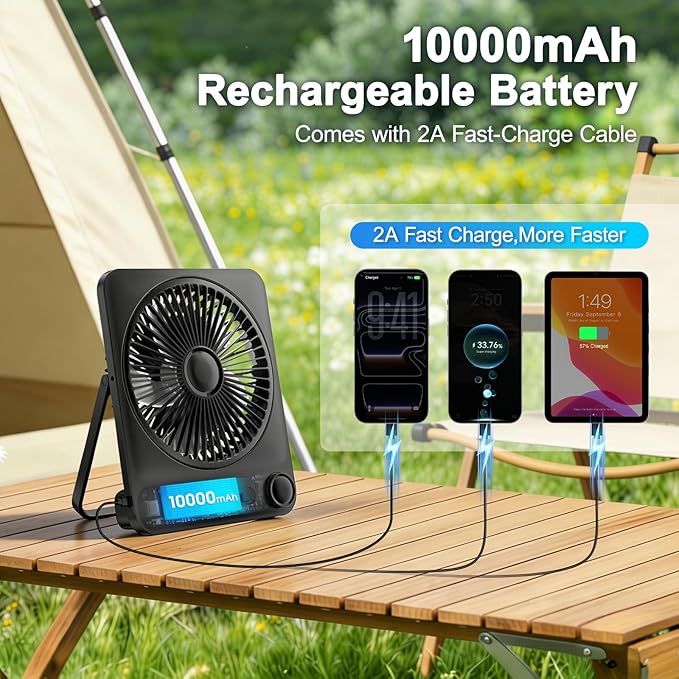 WHATOOK Large Travel Desk Fan: 10000mAh Battery 40 Hours Runtime Silent Rechargeable Fans, Quite Personal Portable Fan for Camping Bedroom Office Small Desktop fan (8.3 * 7.1inch Black)