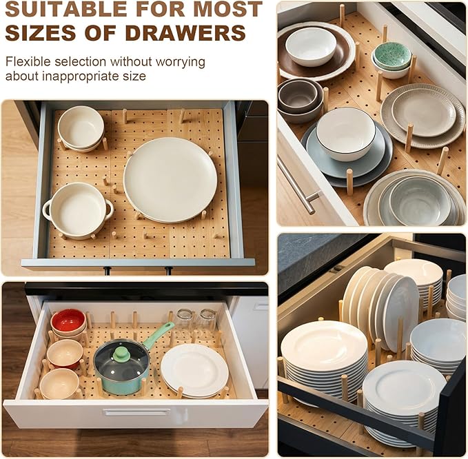 Kigley 3 Pcs Bamboo Wood Pegboard Drawer Organizer with 32 Pegs Wooden Peg Board Drawer Shelf Organizer Adjustable Peg System for Dishes Plate Pot Container Cookware Utensil Kitchen
