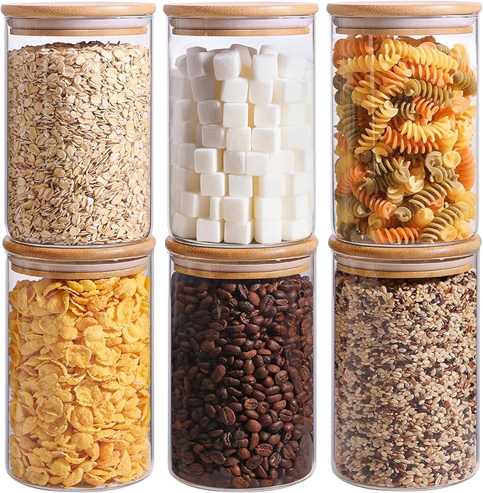 ComSaf 1 Qt Glass Storage Containers with Lids, Glass Jars with Lids, Clear Food Storage Jar, Round Canister Set of 6, Pantry Organizers for Cookie Pasta Flour Rice Tea Coffee Bean