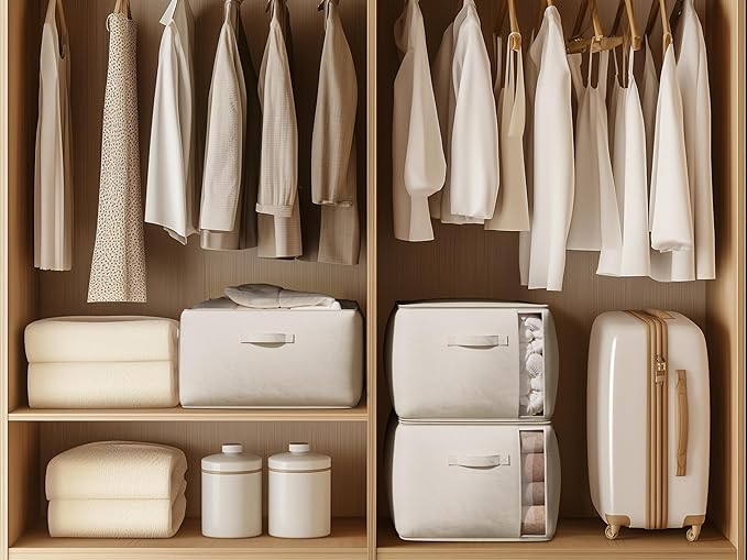 Large Canvas Clothes Storage Bags with Thick Handles and Clear Window, Foldable Cotton Linen Closet Organizer for Clothing, Blankets and Bedding, 70L