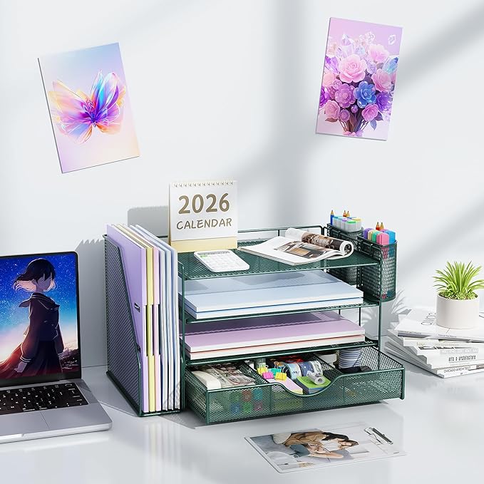4-Tier Desk Organizer with Drawers, File Holders, Letter Trays and Pen Holders