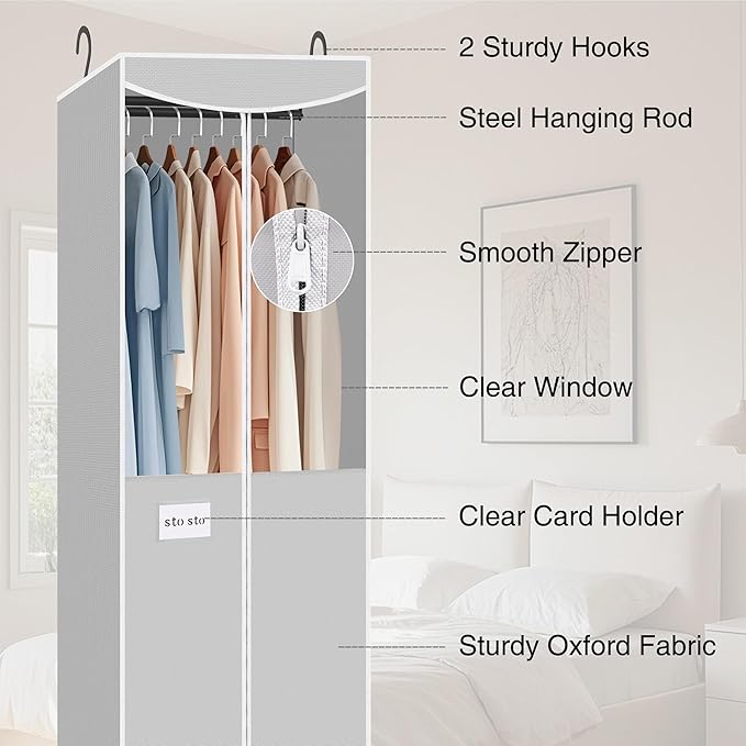 STO STO 2 Pack Garment Bag for Hanging Clothes Closet, Hanging Garment Cover with Built-in Steel Hanging Rod, Hanging Wardrobe Storage Bag for Suit, Dress with Clear Window, Zipper, ID Card, Gray