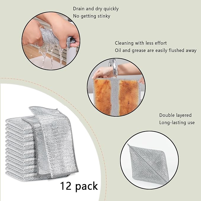 12 Pcs Non Scratch Wire Dishcloth,Multi Purpose Wire dishwashing Rags for Wet and Dry, Reusable Kitchen Wire Cleaning Cloths for Dishes, Sinks, Stove Tops