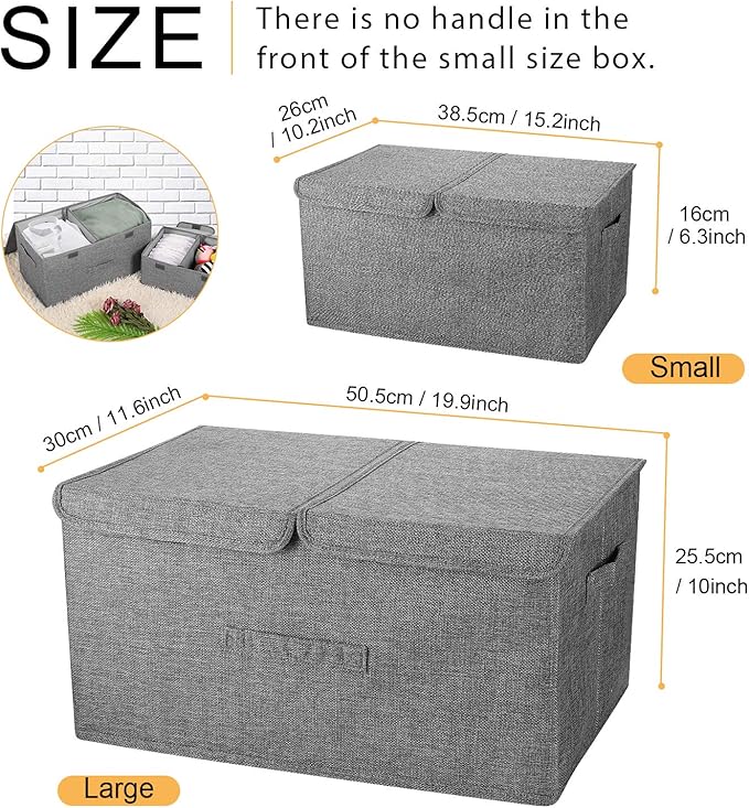 2 Pack Large Storage Boxes with Lids and Handles, Cream, Small