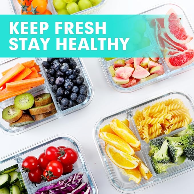 VERONES 5 Pack Glass Meal Prep Containers 3 Compartment Set, 36OZ Airtight Glass Lunch Containers, Glass Food Storage Containers with Lids