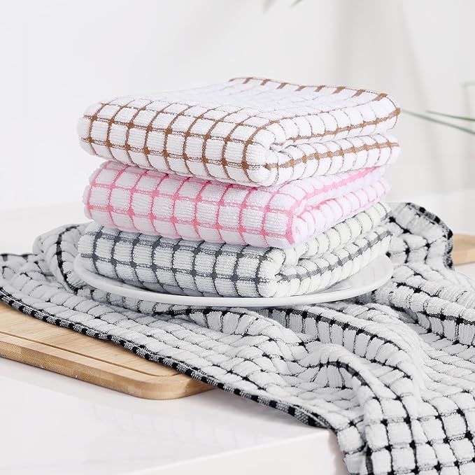 Kitinjoy Cotton 16 Pack Kitchen Towels and Dishcloths Sets, 16 x 25 Inch & 12 X 12 Inch Dish Towels Bulk, Super Soft and Absorbent Hand Towels for Kitchen Drying, Black