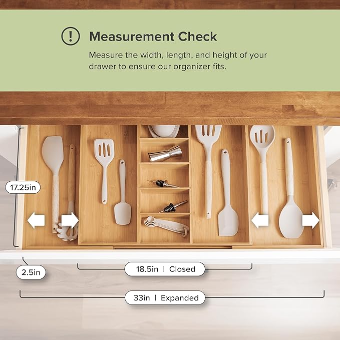 KitchenEdge Adjustable Kitchen Drawer Organizer for Utensils and Junk, Food-Safe Contract Grade with 100% Sustainable Wood