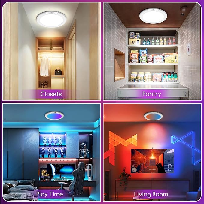 2 Pack Rechargeable Motion Sensor Ceiling Light with Remote, Wireless Battery Operated Closet Light with 13 Colors Changing, 0.55″ Magnetic Lights for Shower Bathroom Closet Hallway Pantry