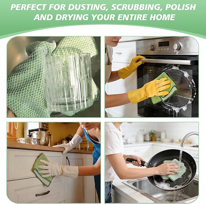 SINLAND Microfiber Dish Cloth for Washing Dishes Dish Washing Rags Best Kitchen Washcloth Cleaning Cloths Wash Cloths with Poly Scour Side 12Inchx12Inch 10 Pack Green