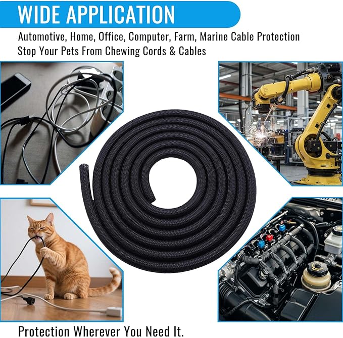 1/2" Braided Cable Sleeve - 10Ft Cat Cord Protector Split Wire Loom Tubing Flexible Self Wrapping for USB, Audio, Automotive Cord, Dog Chew Proof Cable Protector - Black