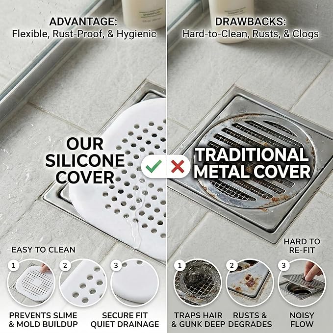2-Pack Silicone Shower Drain Covers 5.5″ x 5.5″ Ultra-Thin Hair Catcher & Drain Strainer for Shower Floor, Tub, Sink