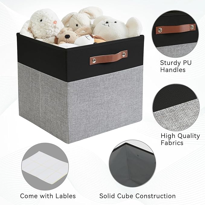 Bagnizer Collapsible Fabric Storage Cube Bins with 2 Reinforced PU Handles, Foldable Storage Organizer Baskets for Closet, Shelves, Living Room | 13"x13"x13", 4 Pack, Black & Gray