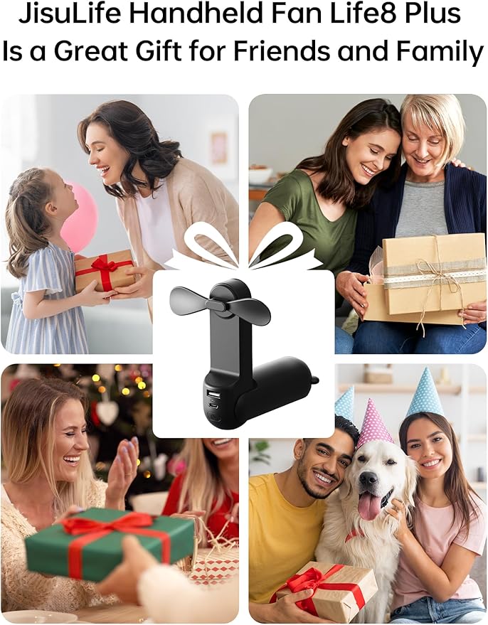JISULIFE Handheld Fan with 4500 mAh Powerbank Max 37 Hours Runtime, Pocket Portable Battery Operated or USB Powered Folding Personal Fan, 3 Speeds, Gifts for Women Men Kids Gift for Festival(Black)