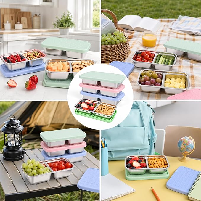4 Pack Stainless Steel Snack Containers, Leak-Proof 2 Compartment Lunch Boxes with Silicone Lids, Reusable Metal Snack Box for Meal Prep, Travel, Outdoor & Daily Use (1 Compartment – B)