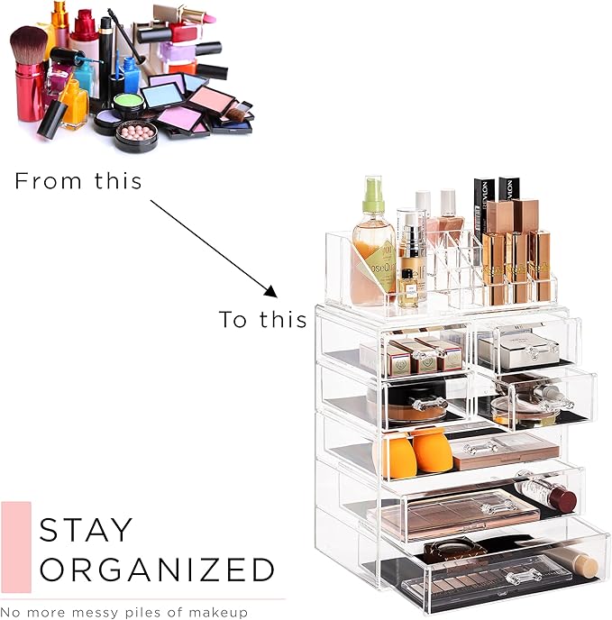 Sorbus Acrylic Makeup Organizer Set, 7-Drawer Vanity & Countertop Cosmetic Storage with Small & Wide Compartments, CLear Makeup Storage for Brushes
