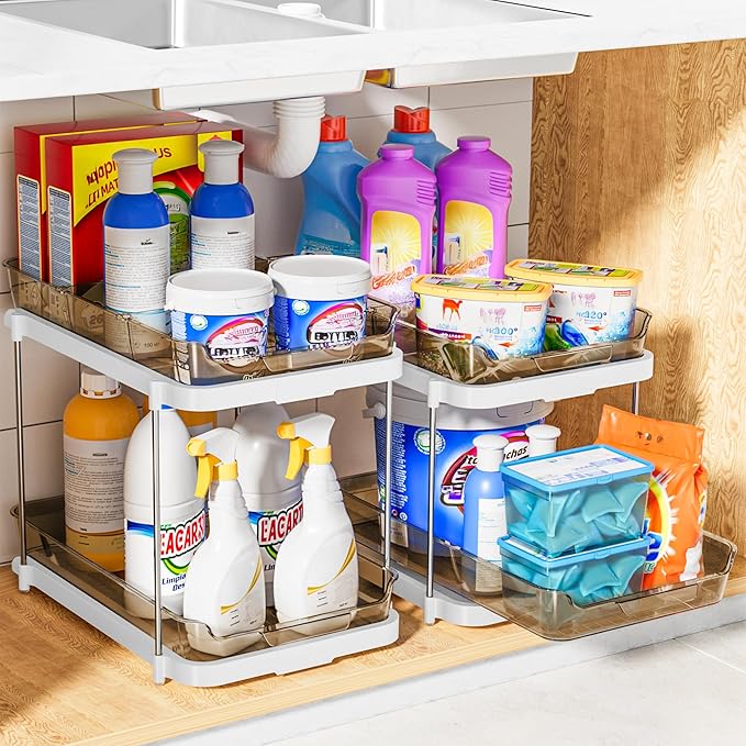 Delamu 2-Tier Multi-Purpose Bathroom Under Sink Organizers and Storage, Stackable Kitchen Pantry Organization, Pull Out Medicine Cabinet Organizer with Movable Dividers, Amber, 4 Pack