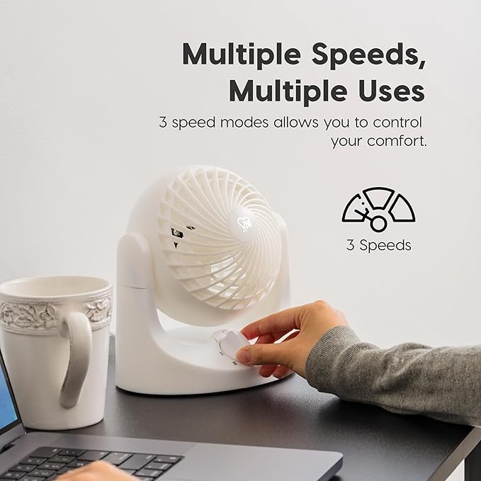 IRIS USA WOOZOO Mini Desk Fan, Air Circulator, 3 Speeds, 32ft Max Air Distance, 108ft² Coverage, 112° Adjustable Vertical Tilt, 27db Quiet Motor, Small Fan for Bedroom, Office, Dorm, White (HE10N)