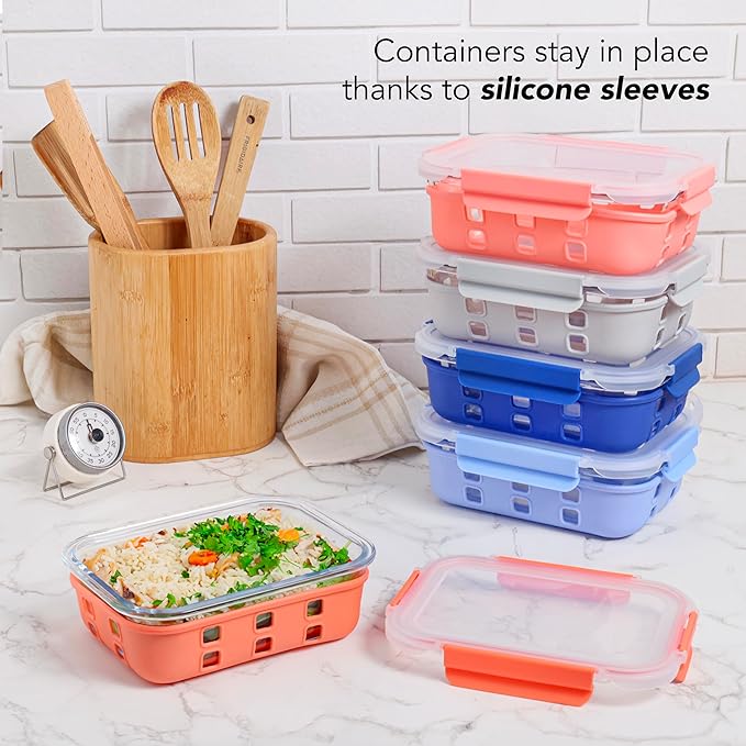 ECOBERI 4.5 Cup Glass Meal Prep Containers with Lids & Silicone Sleeves, 5-Pack Airtight, Leak-Resistant Food Storage Containers for Fridge, Freezer, Oven & Microwave