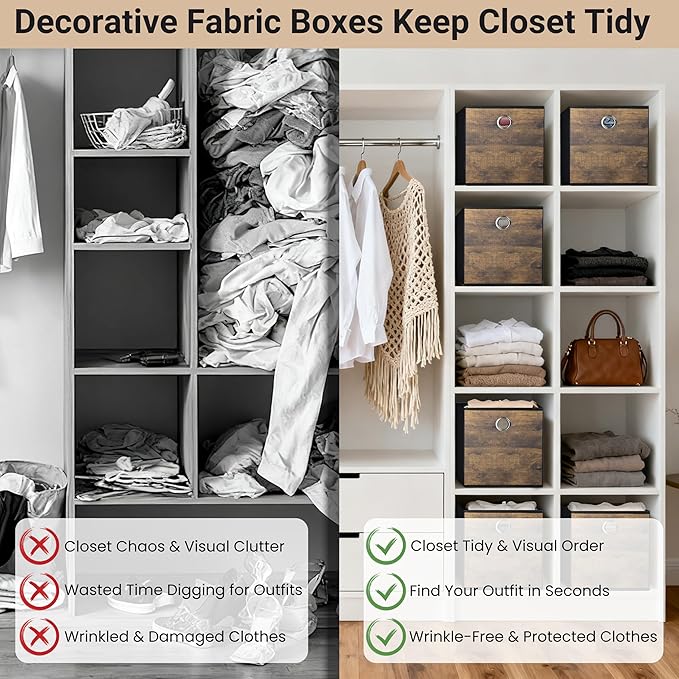 6-Pack Durable Storage Cube Bin with Decorative Wood Grain,Thickened Fabric Box,Storage Basket for Shelf,Closet,Storeroom,Bedroom,Living Room,Nursery,Office,Dorm,RV,13x13x13in,Brown with Black(Large)