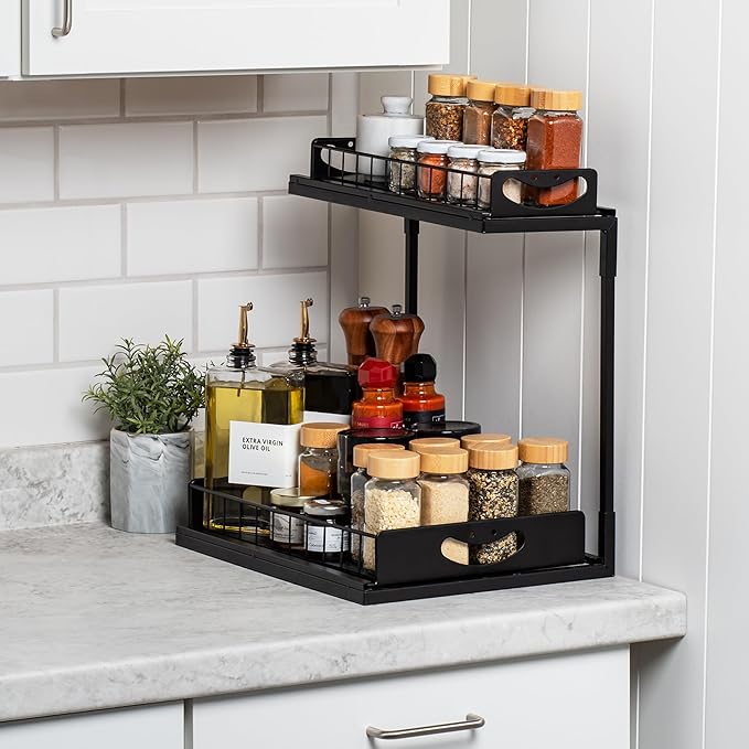 ClearSpace Under Sink Organizer, Pull Out Cabinet Organizer, 2 Pack - 2 Tier Slide Out Organizers and Storage Shelf - Metal Sliding Drawer for Kitchen Bathroom Pantry Cabinet Organization Rack, Black