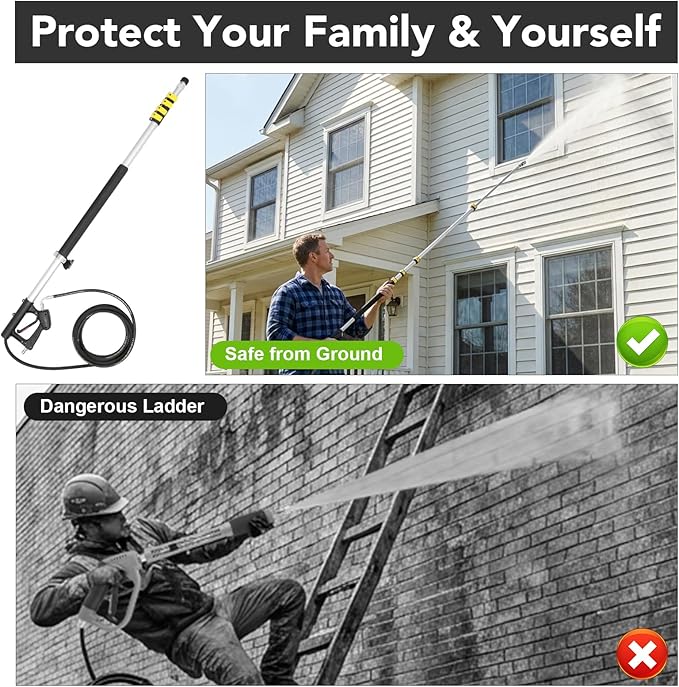 24 FT Telescoping Pressure Washer Wand with 4 Dusters for House Cleaning, 4500PSI Gutter Cleaning Tools with 3 Pcs Curve Wands & Adjustable Support Belt & 7 Pcs Nozzles