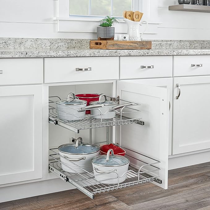 Rev-A-Shelf 2-Tier Kitchen Cabinet Pullout Shelf and Drawer Organizer Slide Out Pantry Storage Basket in Multiple Sizes, 18 x 22 In, 5WB2-1822CR-1