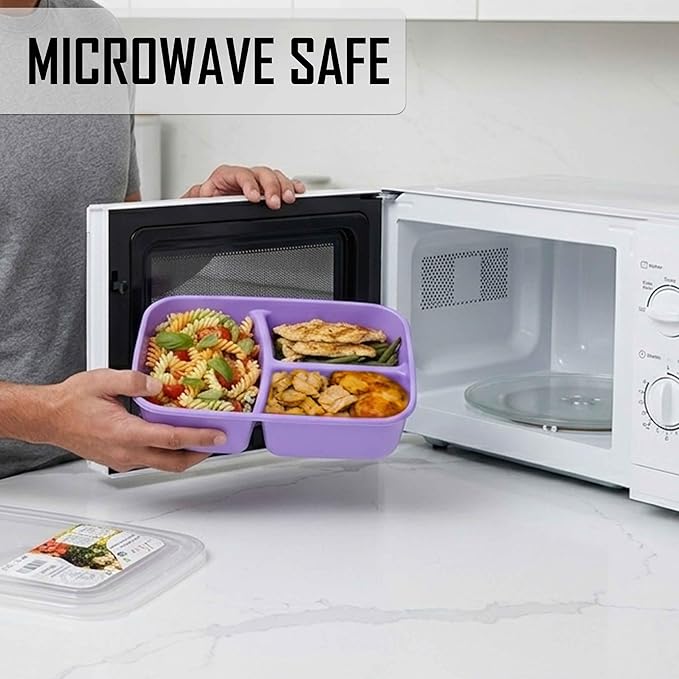 Neez 4-Pack Reusable Bento Box Lunch Containers- 3 Compartment Divided Lunch Organizer, Meal Prep Lunch Box with Lids, Microwave Safe & Sectioned Food Containers(48oz Green & Purple)